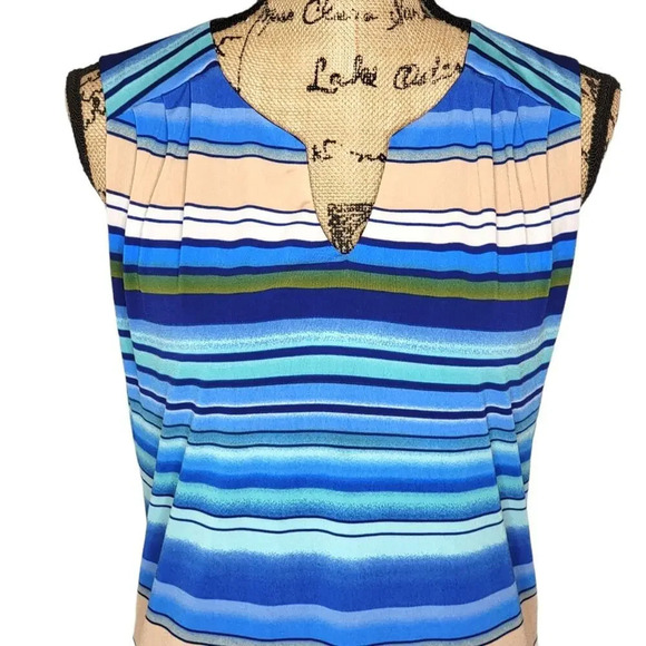 LUXOLOGY Women's Split V Neck Sleeveless Striped Shift Dress Size Medium Blue - Picture 4 of 16